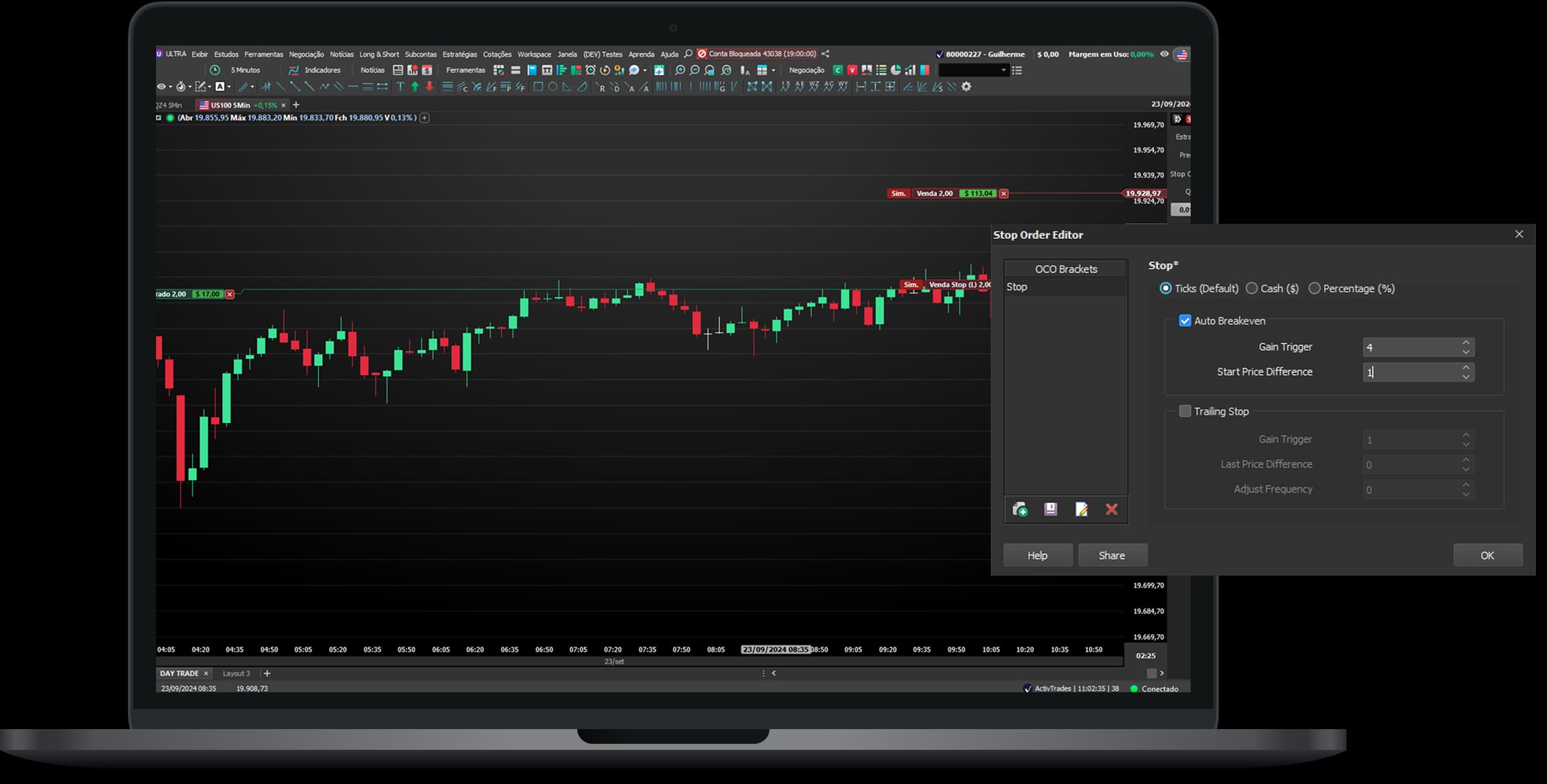 Plataforma de negociação BlackArrow mostrando gráfico ao vivo e editor de ordens stop